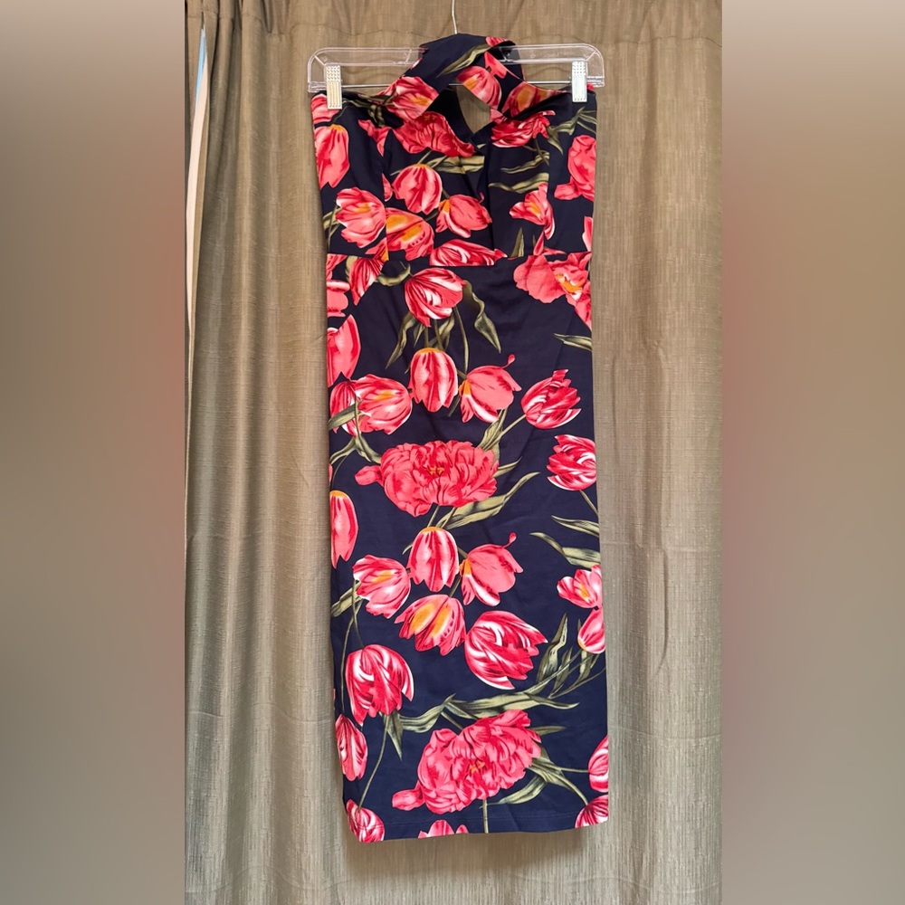 Unique Vintage Navy Sheath Dress with Pink Floral Print